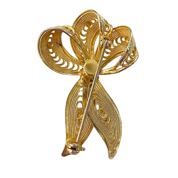 Vintage Goldtone and Faux Pearl Vintage Brooch Filigree Ribbon Shape 1.75" - Picture 10 of 14